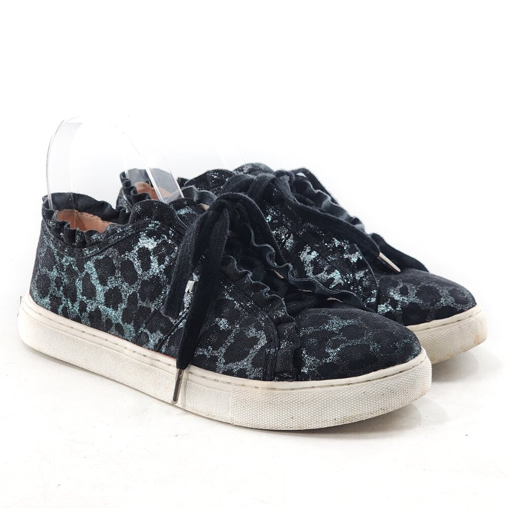 KATE SPADE Lynn Leather Metallic Leopard Print Sneakers Ruffle Black Silver 5.5 - Picture 2 of 7